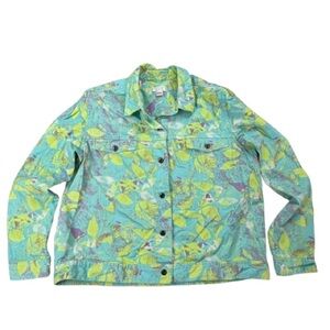 Christopher & Banks y2k green blue purple floral Leaf-Print Jean Jacket